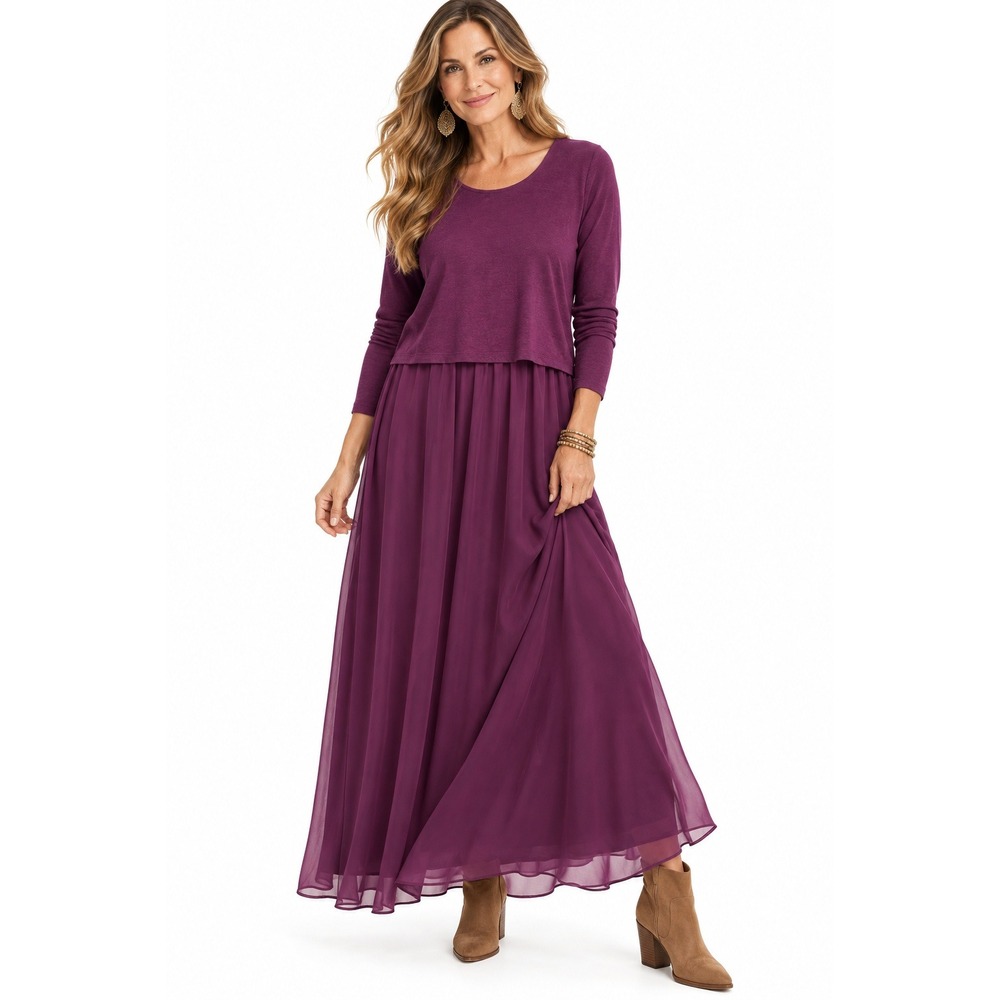 Soft Surroundings Cassie Maxi Dress Plum Purple Knit Chiffon Layered Small NWOT